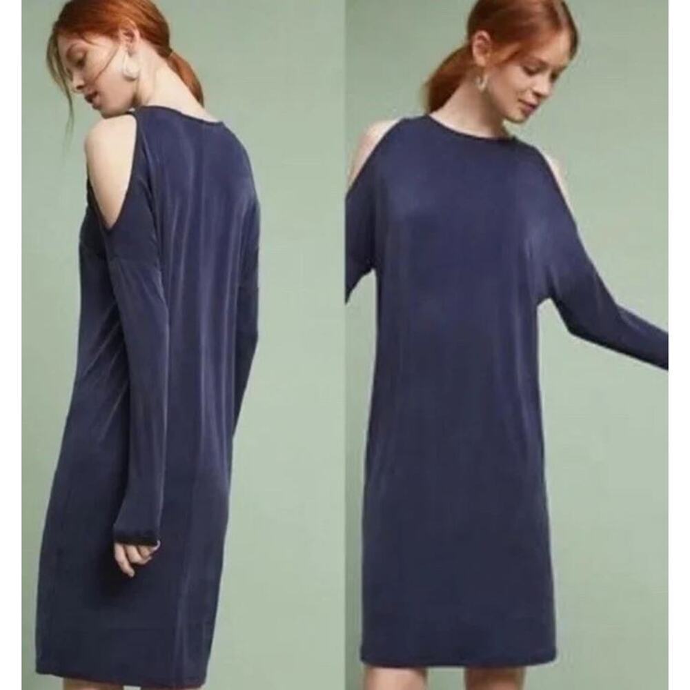 NWT Eri + Ali Anthropologie Cold Shoulder Cupro Stretch Midi Shift Dress Navy M